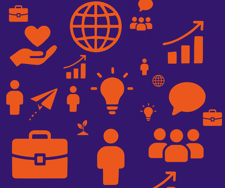 Image shows a collection of orange icons, such as upward arrows, people, sheets, percentages and dots.