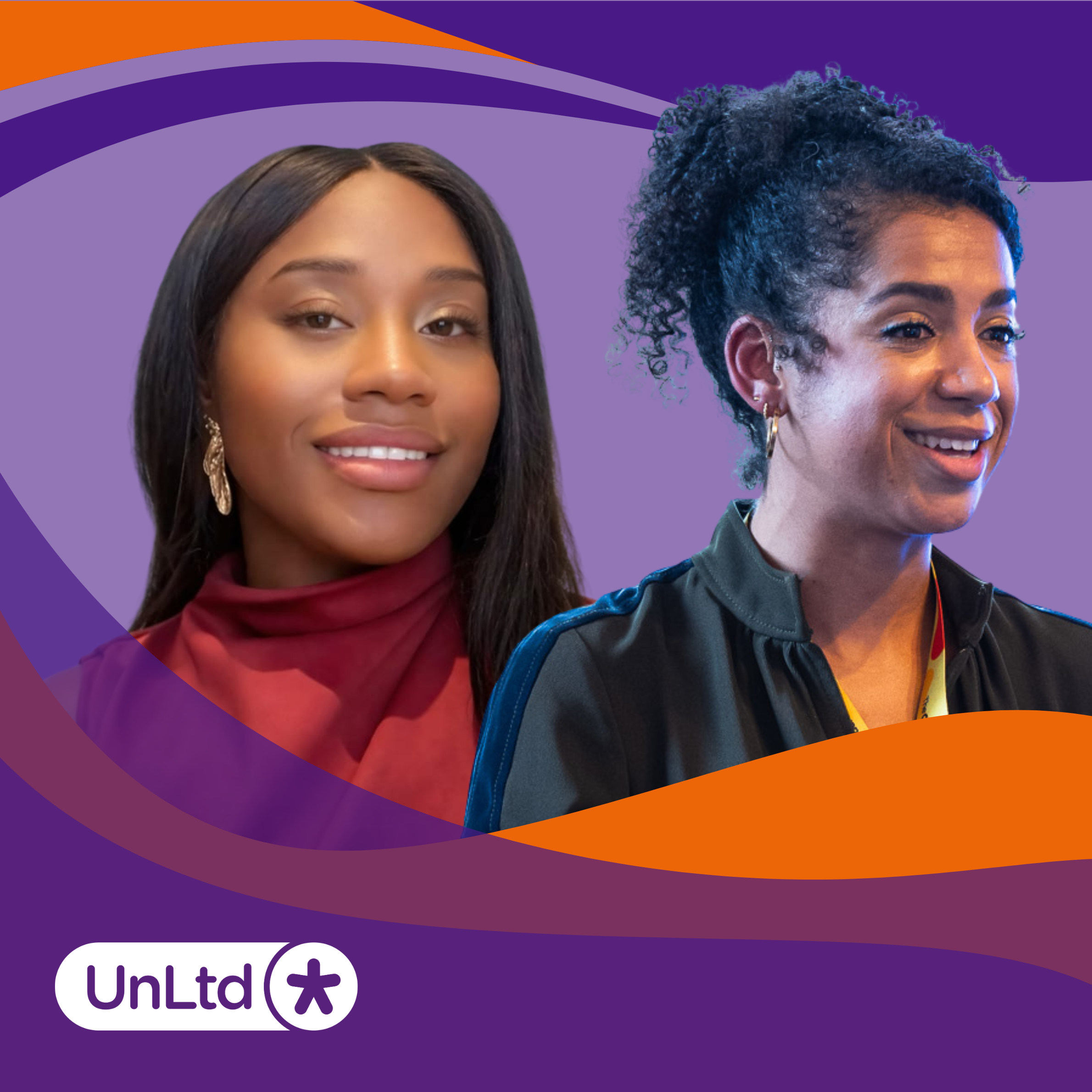 Against a purple background Rachel smiles looking at the camera while an image of Niketa shows her smiling while looking into the distance.