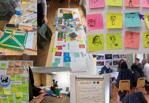 Image shows a collage of pictures including a table showing a mix of pens, craft supplies and a lego structure featuring several ladders balanced on the corners of a square meeting in the middle; a printed timeline on a table, a board of post-it notes with pictures of faces drawn on; a board full of post-it notes with writing on; someone holding up a lego structure of a person on a horse on a plan-like model; a white board with bullet points on; and finally a table to people with lots of supplies on the table.