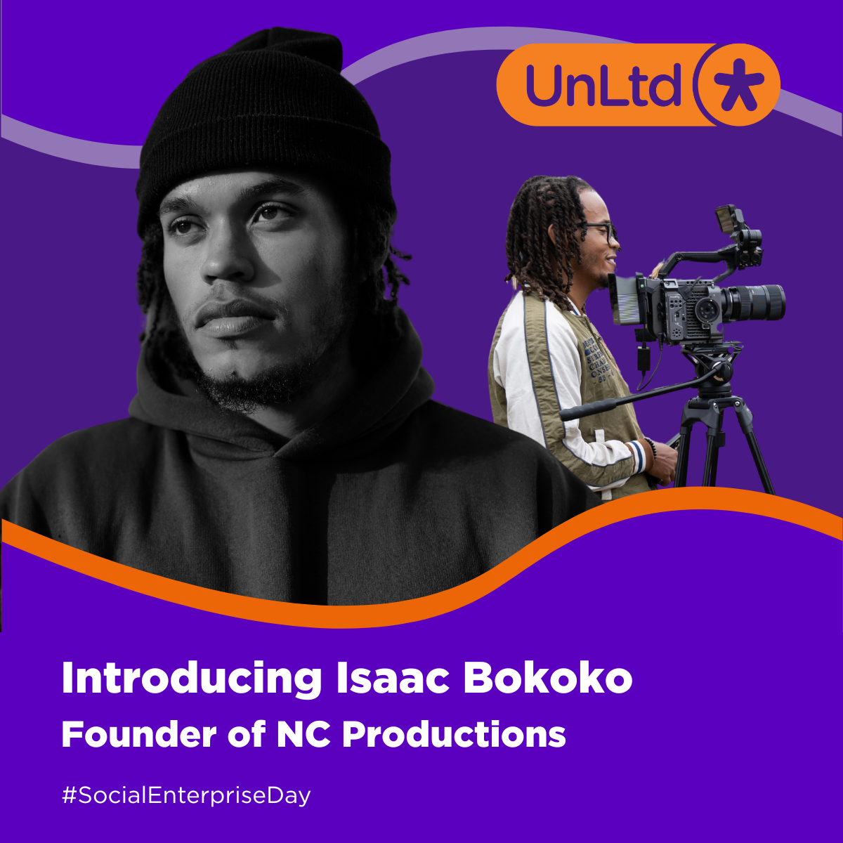 Image shows Isaac in monochrome facing away, and another full-colour profile shot of him operating a camera atop a purple background. Below text reads 'introducing Isaac Bokoko, founder of NC Productions'.