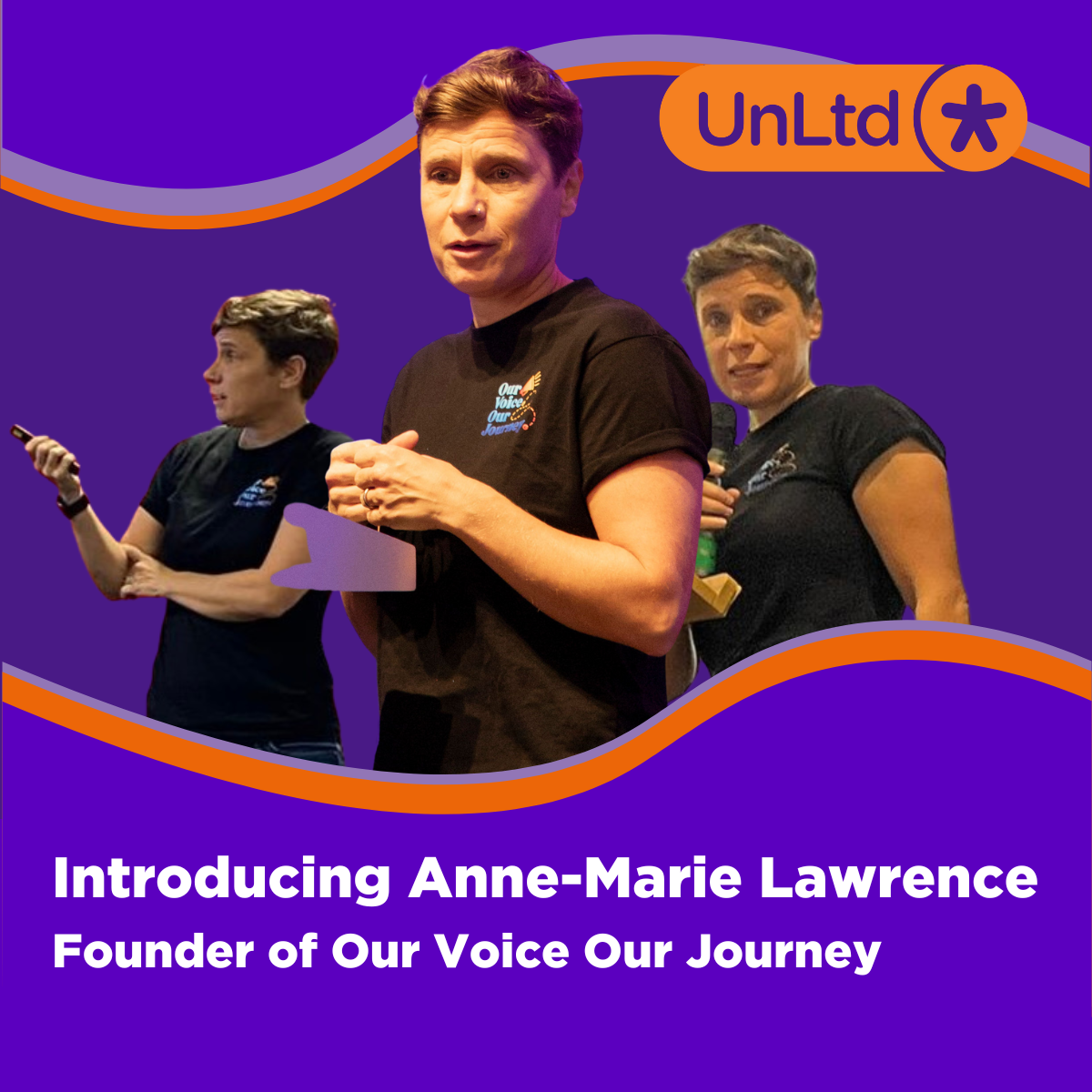 Image shows three images of Anne-Marie Lawrence next to each other atop a purple background with text below which reads 'Introducing Anne-Marie Lawrence, founder of our voice our journey.'