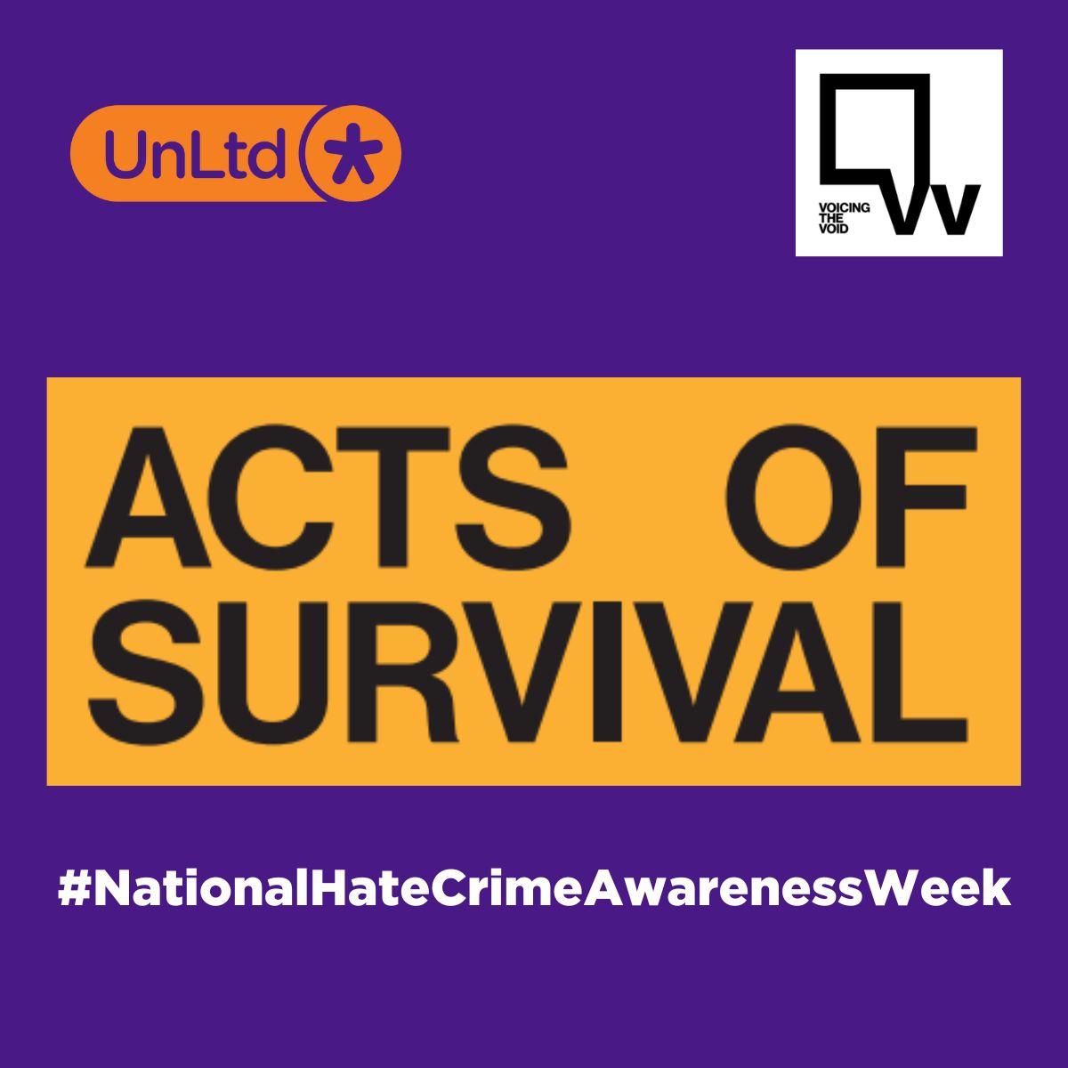 Acts of survival in a yellow box atop a purple background