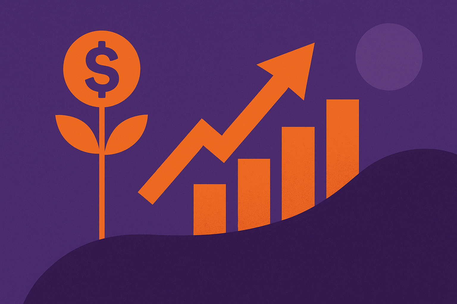 An semi-abstract image featuring a plant growing with a dollar sign in the flower, next to a rising stock graph. All in orange and purple.