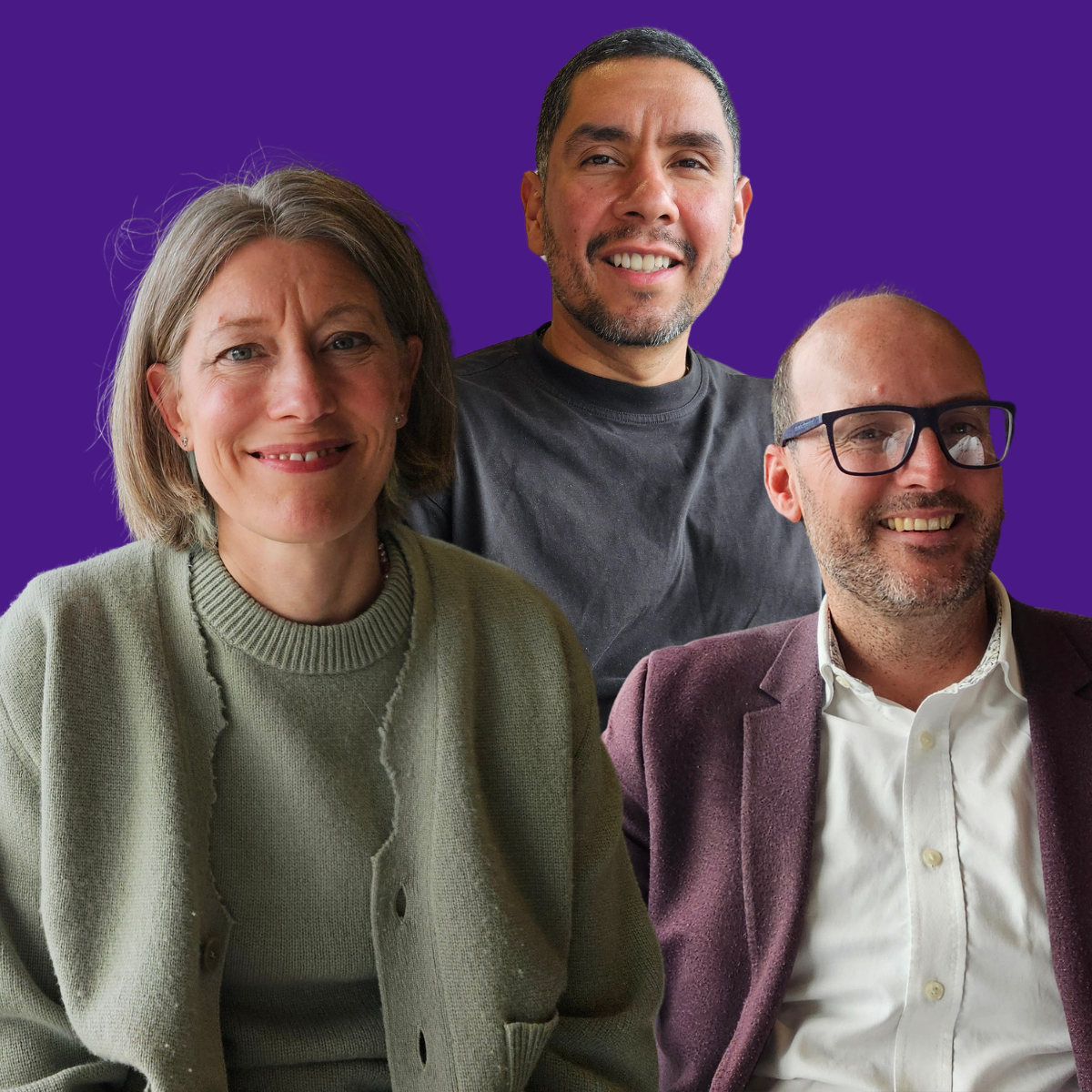 Image shows Olivia in a green cardigan with grey shoulder length hair, Juan, in a grey tshirt with a beard and Adam, in a red blazer with a white shirt and glasses. All atop a blank purple background